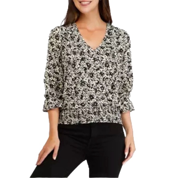 Philosophy Tops - Philosophy Boho Smocked Waist Peasant Blouse M Neutral Tones B & W